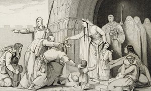 Bathilda antaa rahaa köyhille, Colartin "Histoire de France" -teoksesta, julkaistu noin vuonna 1840. tekijältä French School