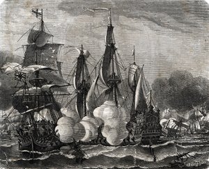 "Bantry Bayn taistelu laivastotaistelussa 11. toukokuuta 1689, viikko ennen yhdeksänvuotisen sodan julistamista (Bantry Bayn taistelu laivastotaistelussa 11. toukokuuta 1689, viikko ennen yhdeksän vuoden sodan julistusta) Kaiverrus Lahuresta “Po tekijältä French School