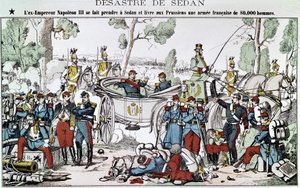 Sedanin taistelu vuonna 1870. Entinen keisari Napoleon III jää kiinni Sedanissa ja toimittaa preussille 80 000 miehen ranskalaisen armeijan, kuva selkärangasta. tekijältä French School