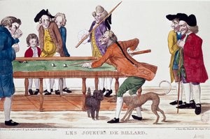 Biljardinpelaajat (vallankumouskalenterin vuoden 8 termidor) (1800). Pilapiirros. Vallankumouskauden ranskalaisen koulukunnan värikaiverrus. Pariisi, Musee Carnavalet tekijältä French School