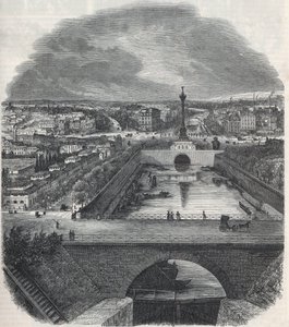 Lintunäkymä Saint-Martinin kanavalle (Saint Martin), Placelle ja Bastillen alueelle, otettu Seinen oikealta rannalta - Edmond Texierin kaiverrus "Tableau-de-Paris" 1852 tekijältä French School