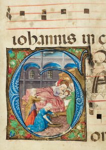 Neitsyen syntymä, asteittainen, f.76 (muste, tempera ja kultalehti pergamentissa) tekijältä French School