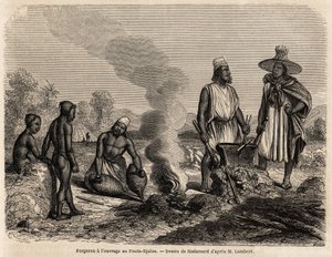 Seppällä on Hadamardin piirustus Fouta Djalonissa (Senegal), havainnollistamaan luutnantti Lambertin matkaa Fouta Djaloniin vuonna 1860. Kaiverrus "" Le tour du monde"" 1861. Selvan kokoelma. tekijältä French School