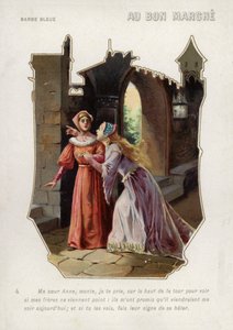 Siniparran vaimo käskee siskoaan Annea kiivetä linnan torniin ja varoa veljiään (chromolitho) tekijältä French School
