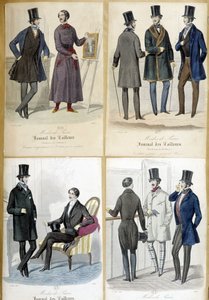 Miesten muotia kuvaavat taulut "Journal des tailors" -lehdestä vuodelta 1848. tekijältä French School