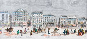 Boulevard des Italiens eteläpuoli - Rue Favart - Opera comique - Rue Marivaux - englantilainen kahvila - Rue Grammont - basaari - Kaiverrus "Tableau-de-Paris" Edmond Texier 1852 tekijältä French School