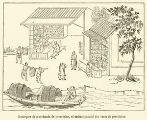 Posliinikauppiaiden liikkeet ja posliinimaljakoiden laivaus (kaiverrus) tekijältä French School