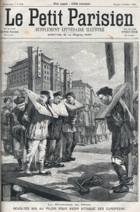 Nyrkkeilijöiden kapina Kiinassa vuonna 1898: Kapinat olivat pilaa eurooppalaisten hyökkäämiselle. "" Le petit parisien" -kansi vuodelta 1898. tekijältä French School