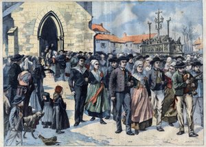 Bretonin tapa: Perinteinen avioliitto Plougastelissa (Finistere, Bretagne). Avioliitot jättävät kirkon. Kaiverrus "" Le Petro Parisien"" tekijältä French School