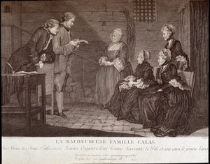 Calasin tapaus: Jean Calasin (kuollut 1762) onneton perhe: äiti, kaksi tytärtä ja Jeanne Viguiere, heidän hyvä palvelijansa, poika ja hänen ystävänsä, v. 1762. tekijältä French School