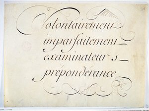 Kalligrafia: Andre Francois Rolandin käsikirjoitus noin 1670. "tahallisesti, epätäydellisesti, tutkijat, ylivoima"". tekijältä French School