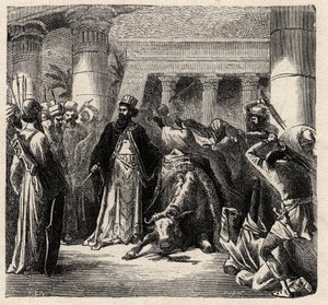 Kambyses II, Achaemenid-persialaisten hallitsija tappaa Apisin egyptiläisten pyhän härän - Cambyses tai Cambyse II (530-522 eKr.) kaiverrus Arthur Manginin kirjasta "" L