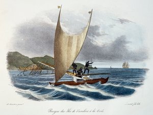 Kanootti purjeella Vanikoron saarilta, Salomonsaarilta (saaristo), värikaiverrus Jules-Sebastien-Cesar Dumont d