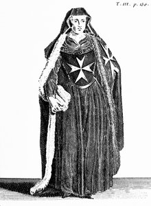 Pyhän Johannes Jerusalemin ritarikunnan kanonitar Rodoksen aikana, kuvitus Pierre Helyotin (1660-1716) teoksesta "Histoire et Costumes des Ordres Monastiques" tekijältä French School