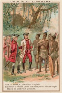 Kapteeni James Cook tapasi maoripäälliköiden Uudessa-Seelannissa, 1769 tekijältä French School