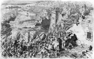 Farnesen vangitsema Lagny vuonna 1590 vanhan kaiverruksen jälkeen. Teoksessa "" Histoire Populaire de la France"", sd. noin 1885. Kaiverrus. tekijältä French School