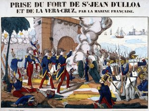 Pyhän Johanneksen Ulloalaisen ja La Vera Cruzin linnakkeen vangitseminen Meksikossa marraskuussa 1838. Kuva Epinalista tekijältä French School