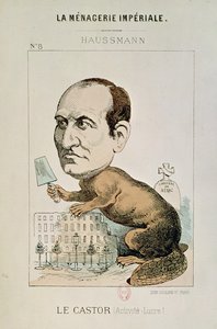 Karikatyyri Baron Georges Eugene Haussmannista (1809-91) majavana, elokuvasta "La Menagerie Imperiale", n. 1870-71 tekijältä French School
