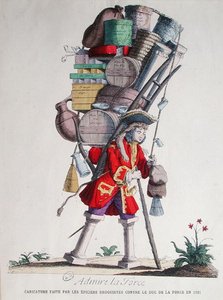 Karikatyyri Henri Jacques Nompar de Caumontista (1675-1726), 5. Duc de la Forcen, on tehnyt "Epiciers Droguistes" (tavarakauppiaat ja päivittäistavarakauppiaat) tekijältä French School