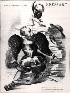 Karikatyyri Jean Baptiste Francois Bressantista (1815-86) Don Carloksena Victor Hugon (1802-85) "Hernani"-elokuvassa, "Le Masque":n kansikuvitus, 27. elokuuta 1867 (kaiverrus) (m/w kuva) tekijältä French School