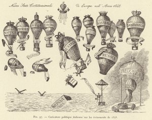 Italian poliittinen sarjakuva vuoden 1848 tapahtumista (kaiverrus) tekijältä French School