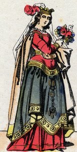 Karolingien dynastia: Kaarle Suuren tai Kaarle Suuren (Carolus Magnus, 742-814) vaimon Hildegarden Vintzgau (v. 758-783) muotokuva. Epinaalikuvaus 1800-luvun lopulta. Yksityinen kokoelma. tekijältä French School