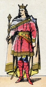 Karolingien dynastia: Ludvig V dit le Faineantin (967-987), frankkien kuninkaan muotokuva 986-987. Epinaalikuvaus 1800-luvun lopulta. Yksityinen kokoelma. tekijältä French School