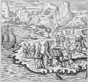 Tavaroiden kuljettaminen kameleilla kreikkalaisesta tiskiltä Aleksandriassa lähtevien laivojen lastaamiseksi Eurooppaan. Kaiverrus kirjassa "La Marine et les colonies: kauppa" tekijältä French School