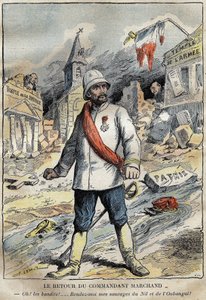 Sarjakuva komentaja Jean-Baptiste (Jean Baptiste) Marchandista (1863-1934), Toulonissa, palaamassa tutkimusmatkalta (1896-1899) Afrikasta. Kaiverrus kirjassa "" Le Pelerin"" 6.4.1899. tekijältä French School