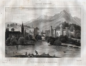 Ivrean linna - Castello di Ivrea - Kaiverrus "" Maalauksellisesta Italiasta"", M. de Norvins, Ch. Nodier 1834-1836. tekijältä French School