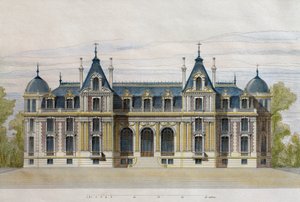 Pate Brothersille kuuluva Neuflizen linna, puutarhan julkisivu, kuvitus Le Moniteur des architectesista, 1884, kaiverrus F. Penel (värikaiverrus) tekijältä French School