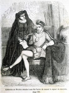Catherine de Medici (Caterina de Medici) repii poikansa (Charles IX) käskyn antaa signaali Saint Barthelemyn verilöylystä vuonna 1572 - L.-P.:n "Histoire de France" -kirjassa. Anquetil tekijältä French School
