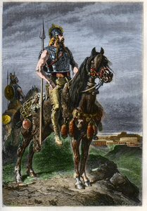 Cavalier Gaulois - Gallialaiset hevosen selässä muinaisessa Rooman valtakunnassa - kaiverrus kirjasta "" Ranskan historia kerrottiin lapsenlapsilleni"" - kirjoittanut Francois Guizot - 1872-1876 tekijältä French School