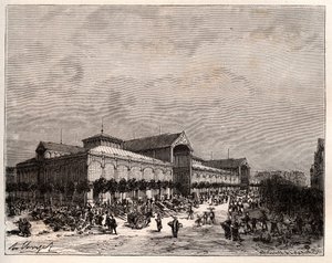 Pariisin keskushallit 1800-luvulla - kaiverrus "La France illustree: geographie, histoire, Administration statistique" by V.A. Maltaanruskea. 1884 tekijältä French School