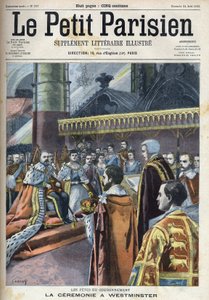 Kruunajaiset Westminsterissä: kuningas Edward VII (1841-1910) ja Alexandra Tanska (1844-1925), teoksessa "Le petit Parisien" tekijältä French School