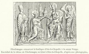 Kaarle pyhittää Aix-la-Chapellen basilikan Siunatulle Neitsyelle, Bareljefi Kaarle Suuren metsästämisestä Aix-la-Chapellen aarrekammioon (kaiverrus) tekijältä French School