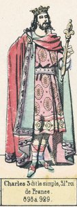 Charles 3 dit le simple, 31. Ranskan kuningas, 898-929 (värillinen kaiverrus) tekijältä French School