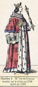 Kaarle 5, 52. Ranskan kuningas, nousi valtaistuimelle vuonna 1364, kuoli vuonna 1380 (värillinen kaiverrus) tekijältä French School