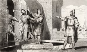 Kaarle III (879-929) Yksinkertainen, jonka yksi sotilaistaan vangitsi, Colartin "Histoire de France" -kirjasta, julkaistu n. 1840 tekijältä French School