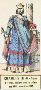 Charles III dit le Simple, 31. kuningas, nousi valtaistuimelle vuonna 898, kuoli vuonna 923 (värillinen kaiverrus) tekijältä French School