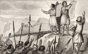 Kaarle II (823-77) Kalju ja hänen veljensä Ludvig Saksalainen tekevät sopimuksen Strasbourgissa vuonna 842 Colartin teoksesta "Histoire de France", julkaistu noin 1840 tekijältä French School