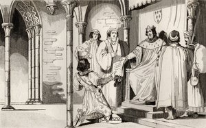 Kaarle IV (1294-1328) Komea saa oikeudessa vetoomuksen Colartin "Histoire de Francesta", julkaistu n. 1840 (kaiverrus) tekijältä French School