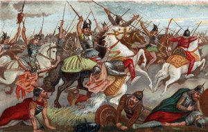 Charles Martel pidätti muslimit Poitiersin taistelussa vuonna 732. Kromolitografia 1800-luvulta. tekijältä French School