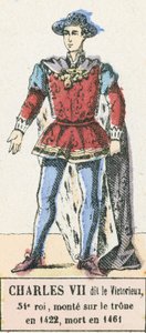 Kaarle VII kutsui Voittajaksi, 54. kuningas, nousi valtaistuimelle vuonna 1422, kuoli vuonna 1461 (värinen kaiverrus) tekijältä French School