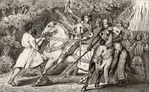 Kaarle VI (1368-1412) Hullulle kerrotaan väijytyksestä Angersin lähellä olevassa metsässä Colartin teoksesta "Histoire de France", julkaistu noin 1840. tekijältä French School