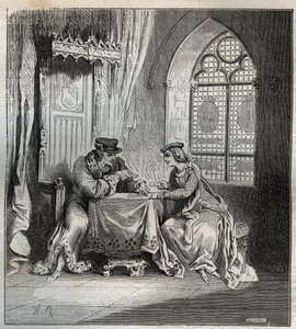 Kaarle VI (1380-1422) ja Odette de Champdivers - Ranskan kuningas Kaarle VI, joka tunnettiin nimellä Charles the Good Aime, sitten Kaarle Fol (1368-1422) emäntänsä Odinette (Odette) de Champdiversin kanssa (noin 1390 - noin 1425) pelikorttien kaiverrus "Pa tekijältä French School