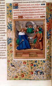 Kaarle VI ja Henrik V allekirjoittivat "Troyesin sopimuksen" vuonna 1420, kuva "Chroniques de Monstrelet" -kirjasta tekijältä French School