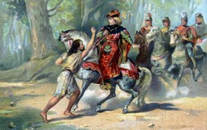 Charles VI joutui hulluun Le Mansin metsässä. 1800-luvun lopun kromolitografia tekijältä French School