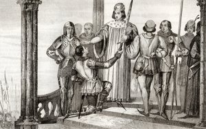 Kaarle V (1358-80) Viisas esittelee miekkansa Duguesdinille, Colartin "Histoire de France" -teoksesta, julkaistu noin vuonna 1840. tekijältä French School