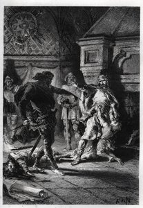 Childebert I (c498-558) veljiensä perillisten murhassa en 526 - Childebert I annoin Clotairen (Clothairen) murhata veljensä Clodomirin, Orleansin kuninkaan, lapset, joiden osavaltiot he jakavat, 526 - kaiverrus kirjasta "" L